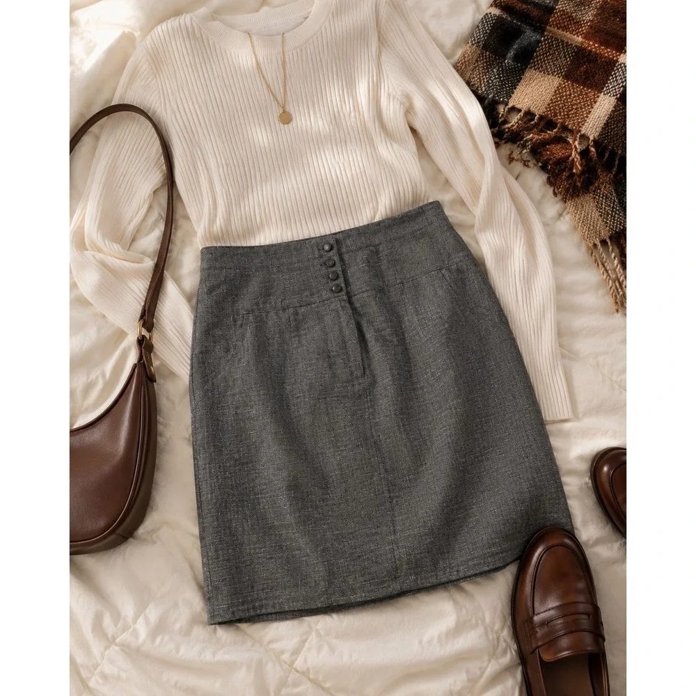 Women's XL Size 14 Gray Pencil Skirt Cotton Blend Stretch Lined Career Academia